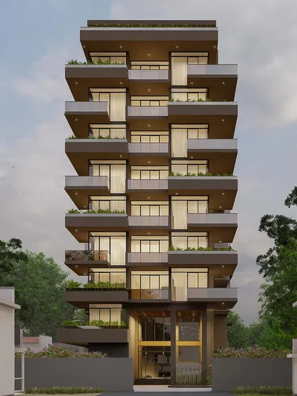 A design iteration for a 15-condominium residential tower. This 9-floor structure incorporates a business center, guest suites, and a rooftop pool, demonstrating our approach to creating luxury high-rise living solutions.