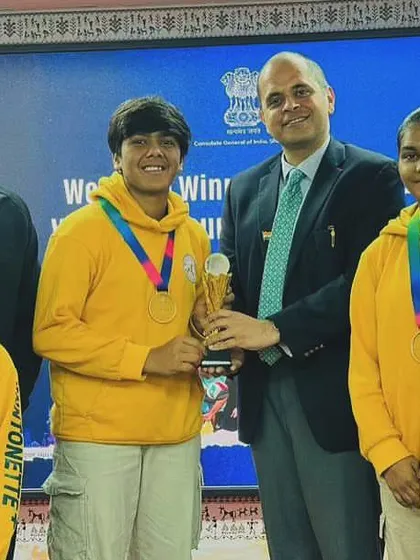A moment of immense pride. Our Shanghai champions being honored by the Consul General of India, Mr. Pratik Mathur, and receiving the winner's trophy at the Indian Consulate.