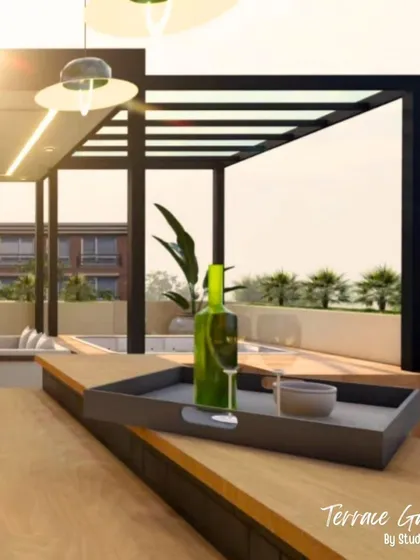 This close-up render highlights the modern, clean lines of a proposed terrace gazebo and bar. It helps in visualizing the materials and lighting that will contribute to the final ambiance.