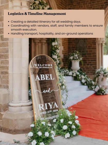 Logistics and timeline management are the invisible backbone of any successful wedding. I create a detailed itinerary for all events and coordinate with every vendor, staff member, and family member to ensure a smooth, on-time execution.