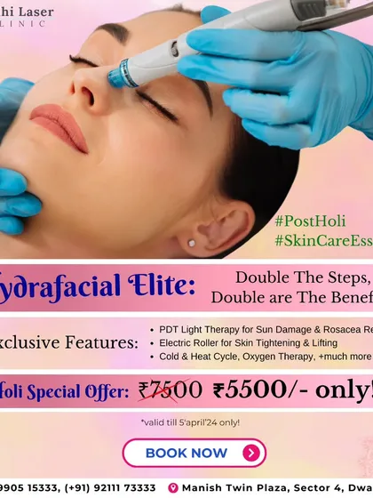 A special Holi offer for our Hydrafacial Elite. This advanced facial includes extra steps like PDT Light Therapy and an Electric Roller for skin tightening, providing double the benefits for post-celebration skin recovery.