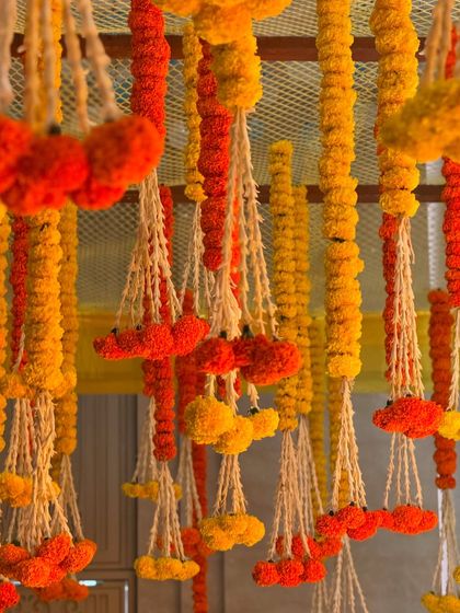 A ceiling dense with hanging garlands of orange and yellow marigolds. This traditional Indian wedding floral decor element instantly adds a festive and auspicious feel to any space.