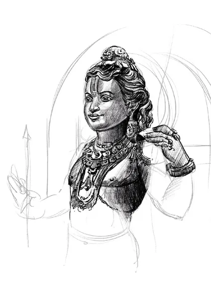 A work-in-progress sketch of Ram Lalla. Here, you can see more details being added to the chest and arms, showing the gradual development of the artwork.