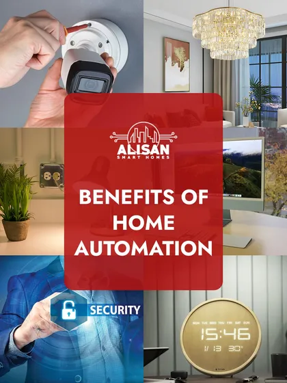 This collage showcases the wide-ranging benefits of home automation. From security cameras and smart clocks to elegant lighting and remote access, we provide a comprehensive solution for a modern lifestyle.