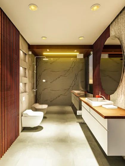 This modern bathroom concept combines different textures. We used vertical wood slats on one wall, large concrete-finish tiles, and a floating white vanity to create a warm, contemporary, and spa-like space.