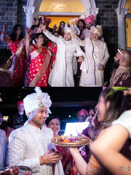 A collage capturing the groom's grand entrance and the welcoming rituals, filled with energy and celebration from both families.