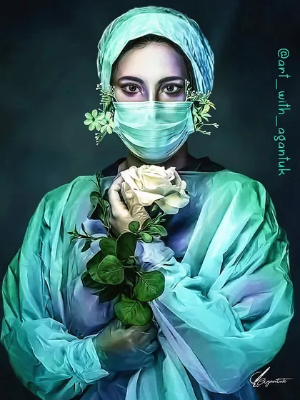 A colored version of my tribute to nurses and healthcare workers. This piece combines the clinical reality of a nurse's uniform with the life and hope represented by the flowers, creating a symbolic and surreal portrait.