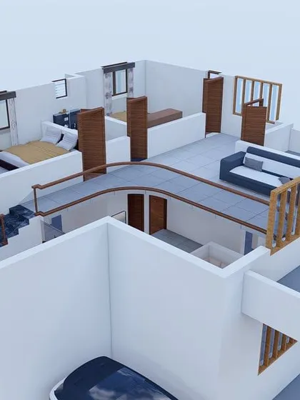 A 3D model showing the exterior and the first-floor layout, helping to understand the relationship between the indoor and outdoor spaces.