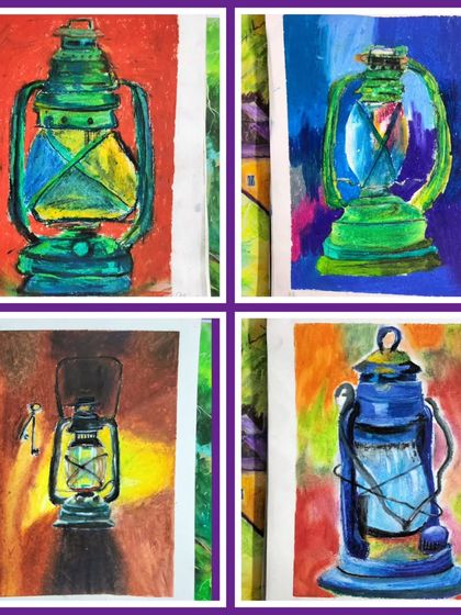 A close up of four different oil pastel lantern artworks. You can see the different techniques students use for blending and texture.