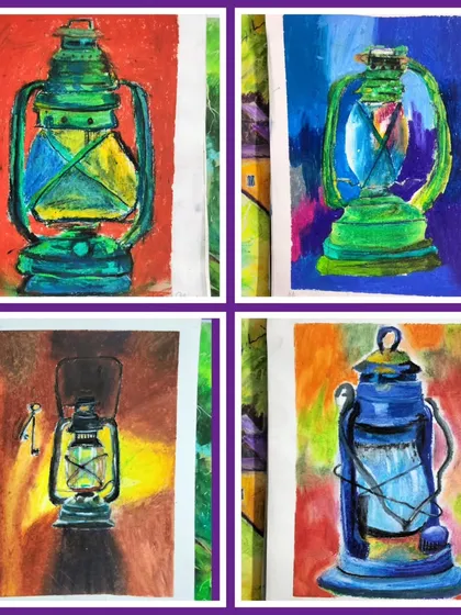 A close up of four different oil pastel lantern artworks. You can see the different techniques students use for blending and texture.