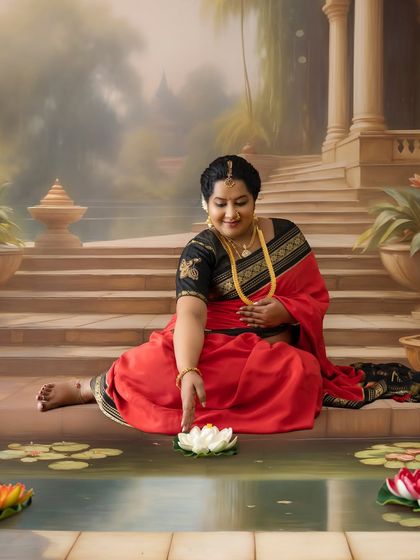 A peaceful moment captured as the mom-to-be, dressed in a traditional red saree, gently touches a lotus flower in a painted pond setting.