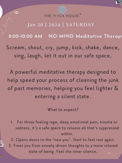 No Mind Meditative Therapy, a powerful session designed to help you clean out the junk of past memories. It is a safe space to scream, shout, dance, and let it all out.