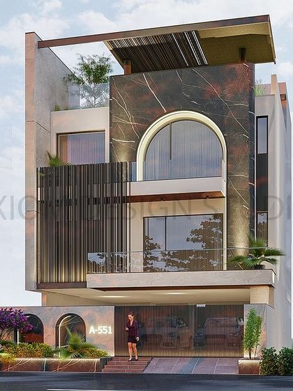 This facade concept features a bold interplay of materials, with a large marble-clad arch set against dark vertical fins. The design creates a powerful statement by blending modern geometry with luxurious natural stone.