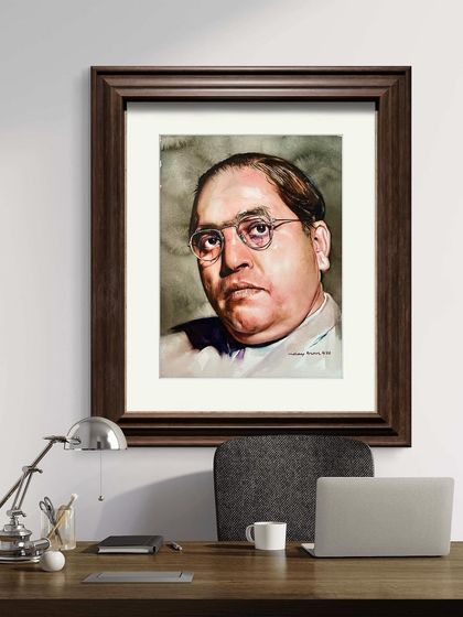 The Dr. B.R. Ambedkar watercolor portrait, shown in a digital frame in an office setting. It's a tribute to his enduring legacy.