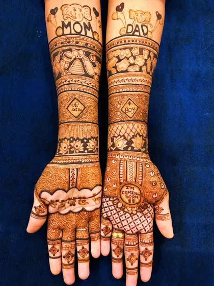 Celebrating the journey to motherhood with a custom baby shower mehendi. This design includes playful elements like "Mom," "Dad," and baby toys, making it a truly personal piece.