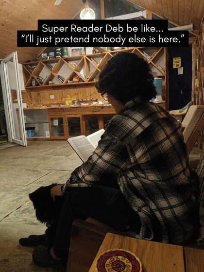 A reader finds their focus in the book lounge, with our resident dog for quiet company. It's a space designed for deep immersion into the world of words.