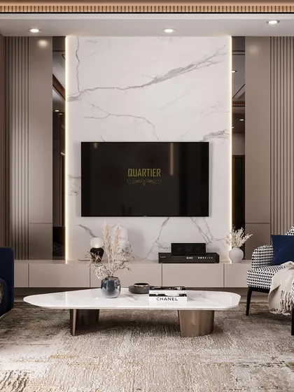 This render for ATS Rhapsody shows a TV unit with a Statuario marble-look panel, flanked by tinted mirrors and louvers. The design includes a tall, backlit glass cabinet for displaying books and decor.
