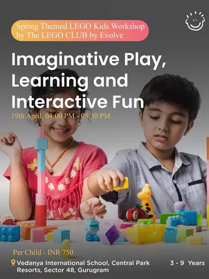 Another poster for the interactive and fun LEGO Kids Workshop, showing kids deeply engaged in building.
