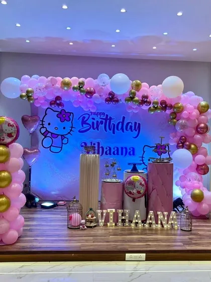 Hello Vihaana! This adorable Hello Kitty theme uses a soft pink and gold palette to create a sweet and stylish celebration. I can customize any theme to fit your vision.