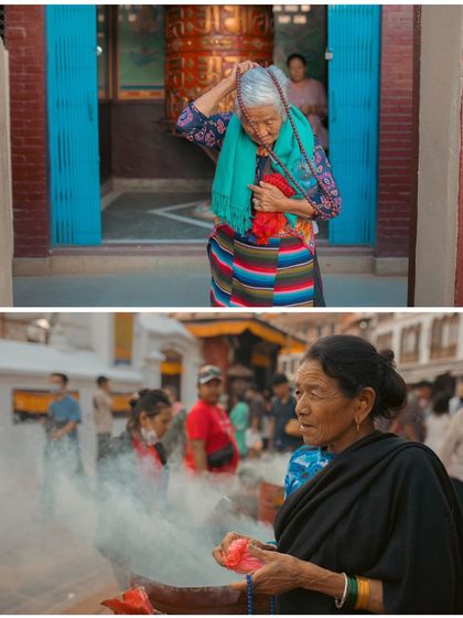 A diptych of daily life and faith in Kathmandu. One frame shows an elderly woman adjusting her colorful clothing, while another shows a woman offering incense in a cloud of smoke.