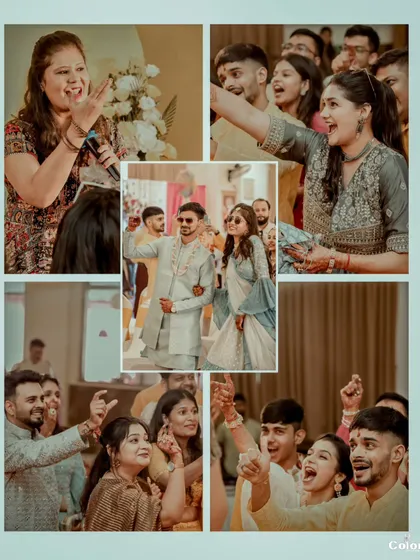 A collage capturing the lively atmosphere of a Haldi ceremony, from the anchor entertaining guests to friends and family dancing with joy.