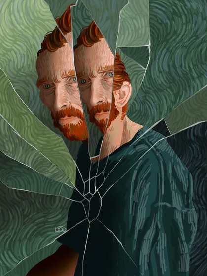 A self-portrait exploring themes of fragmentation and identity. The artist's face is seen through the shards of a broken mirror, his reflection fractured and multiplied. It’s a visual for the internal conflicts and the brokenness one feels in love and life.