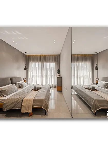 A clever use of a full-length mirror creates a stunning reflection of the bedroom, making the space feel larger and more dynamic. This shot highlights the room's modern elegance and thoughtful design details.