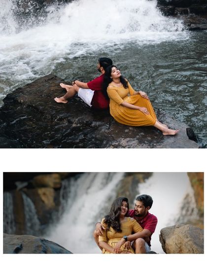 A collage showing the couple relaxing by the waterfall, capturing different angles of their serene and romantic pre-wedding moment.