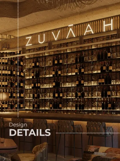 This graphic highlights the design details of Zuvaah, from the cave-like textures to the dramatic lighting and sculptural forms. Every element was chosen to evoke a mood that is earthy, raw, and deeply immersive.
