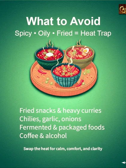 To avoid trapping heat in your body, it's best to avoid certain foods. This includes spicy, oily, and fried snacks, heavy curries, and fermented foods, all of which can aggravate the Pitta dosha.