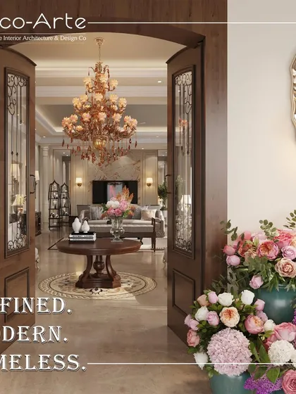 The first impression of a home should tell a story of what lies within. I designed this grand entrance with classic wooden doors, a statement chandelier, and fresh florals to create a warm, opulent welcome that is refined, modern, and timeless.