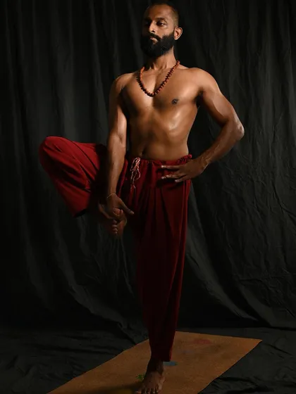 A variation of Tree Pose, demonstrating the constant micro-adjustments required to maintain balance. Success in yoga is not about achieving perfect stillness but about the continuous process of refreshing your equilibrium moment by moment.