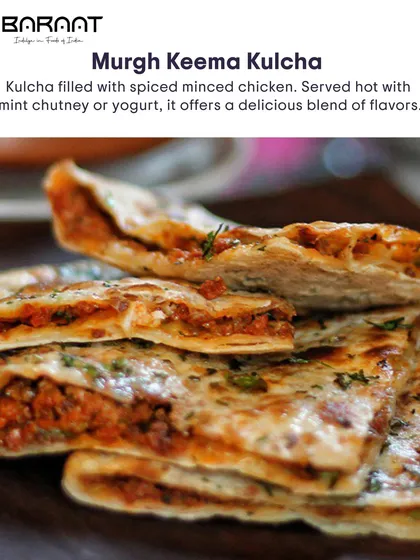 My Murgh Keema Kulcha is filled with spiced minced chicken and served hot with mint chutney or yogurt.