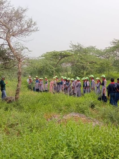 Our team guides the children from local Pathshalas on a nature walk through Aravali Nagar Van, teaching them about the native plants and the importance of the forest.