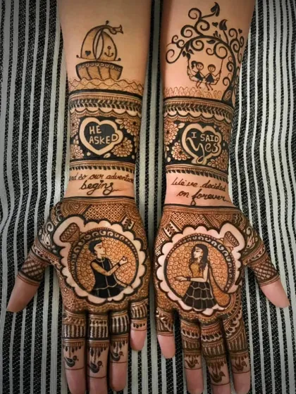 A truly unique design telling a love story. It features portraits of the couple, quotes, and symbols like a boat and a tree swing that are special to them.