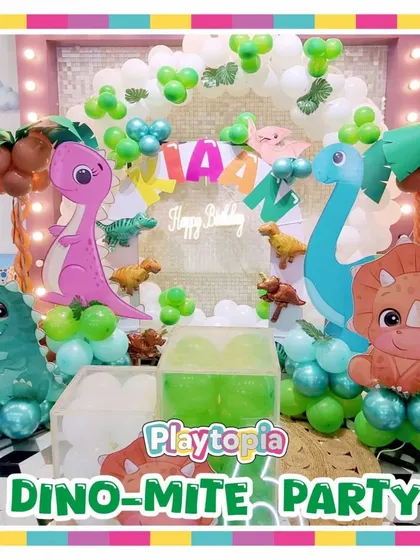 Get ready for a dino-mite time! Our dinosaur theme is perfect for little explorers, featuring friendly dinosaur cutouts and lush green balloon garlands to create a prehistoric jungle.
