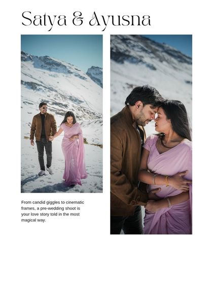A collage showcasing the blend of candid giggles and cinematic frames from a magical pre-wedding shoot in the snows of Manali.