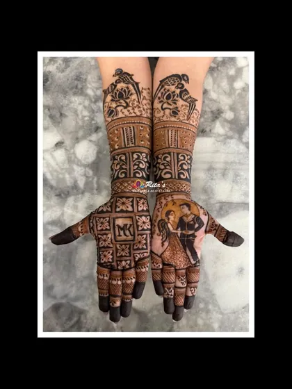 The final Teej design, with a couple portrait, initials, and bird motifs.