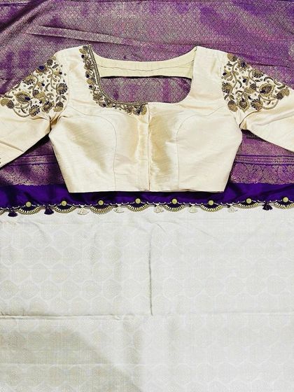 This collection showcases a variety of my custom blouse designs, from pastel engagement pieces to rich Kanjivaram pairings. Each one is uniquely crafted with different handwork techniques, fabrics, and cuts to match my client's vision.