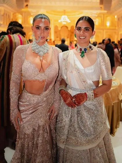 A special moment with Kim Kardashian, both dressed in stunning Indian attire. I had the honor of styling Isha for this event, ensuring her look was both elegant and representative of our rich textile heritage.