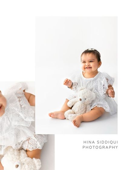 A collage of pure happiness. The combination of a candid laughing shot and a sweet seated portrait tells a beautiful story of this baby's personality at this milestone age.