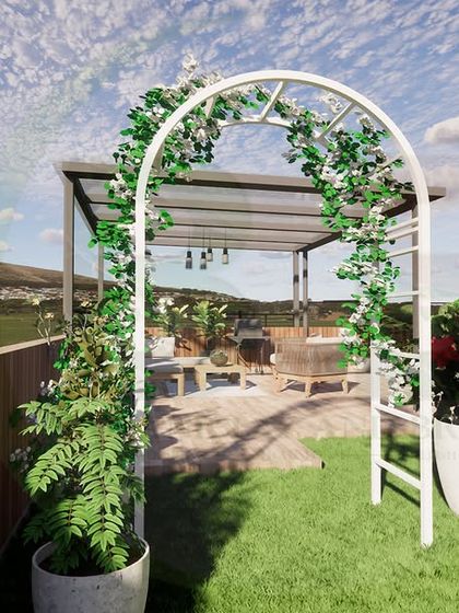 A 3D render of a charming garden entrance on a terrace. A white archway covered in vines creates a romantic gateway to the main seating area, demonstrating our attention to creating delightful details.