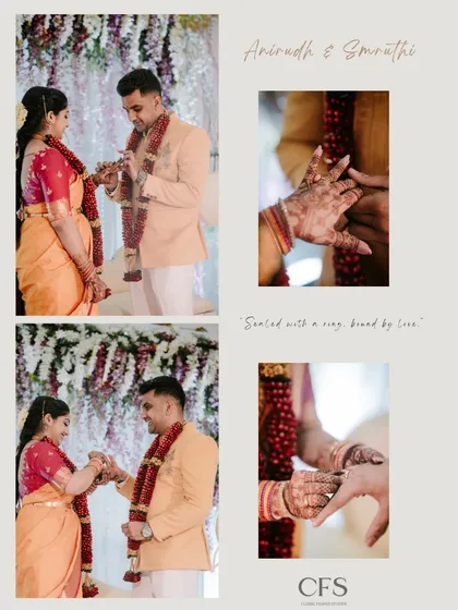 Sealed with a ring, bound by love. This collage captures the traditional ring exchange ceremony, focusing on the couple's hands and the sacredness of the moment.