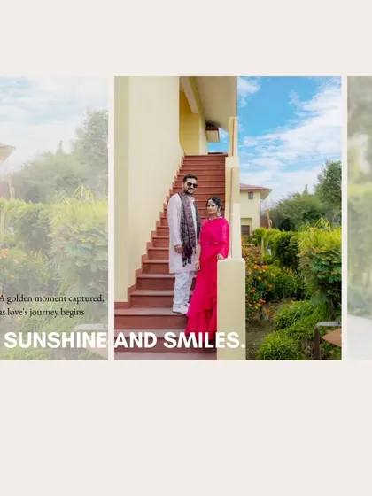 A stylish pre-wedding shot with a "Sunshine and Smiles" theme. The image captures the couple standing on a staircase in a beautiful resort, perfectly embodying a relaxed and happy vibe.