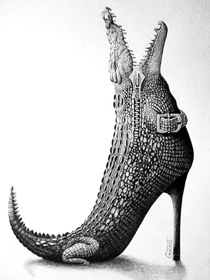 A surreal and creative pencil drawing by Gurjeet Singh. This piece transforms a high-heeled shoe into a crocodile, showcasing imaginative composition and meticulous detail in the scales and texture.