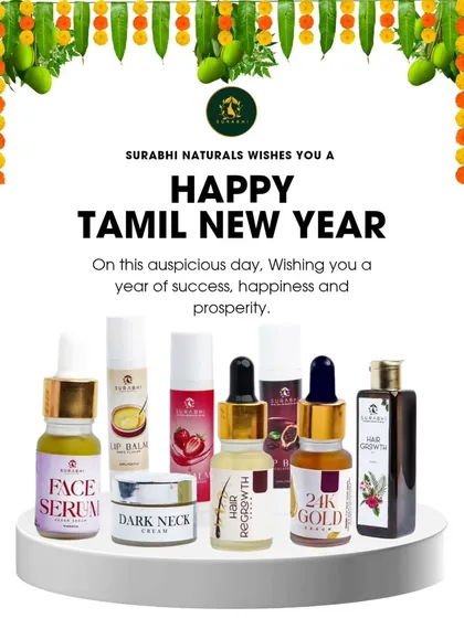 For festive occasions like the Tamil New Year, I love to assemble a vibrant collection of my products. This display features some of my bestsellers, from 24K Gold Serum to natural Hair Regrowth oils.