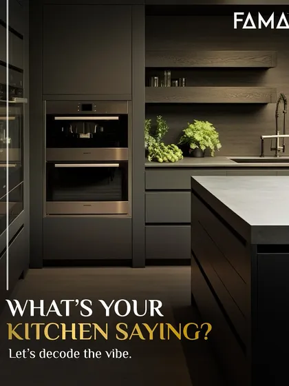What is your kitchen saying? This moody, dark kitchen with integrated appliances and open shelving speaks of a sophisticated, minimalist vibe. I work with you to decode your style and bring it to life.