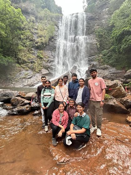 Our group enjoying the cool waters at the base of a waterfall in Chikmagalur.