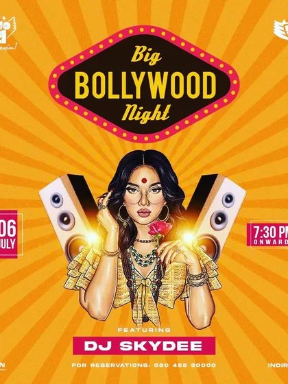 An event flyer for a "Big Bollywood Night" at Big Pitcher, Indiranagar. I am available for gigs across different locations.