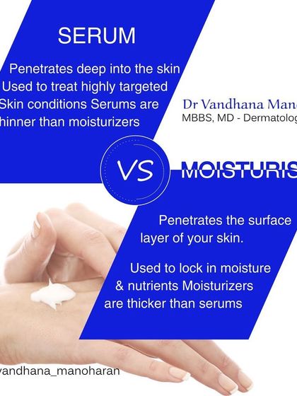 What's the difference between a serum and a moisturizer? This graphic explains it simply. Serums are thin, penetrate deeply, and are used to target specific conditions. Moisturizers are thicker, work on the surface, and are used to lock in moisture and nutrients.